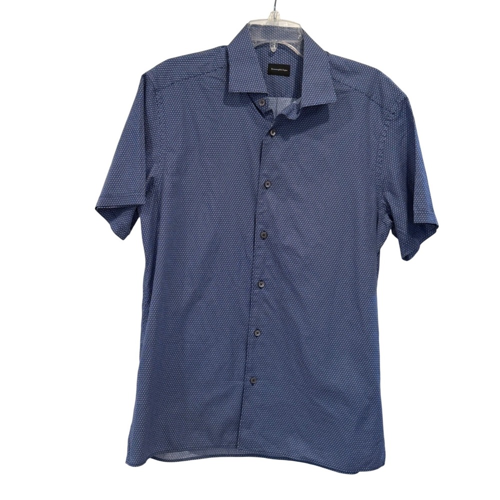 Ermenegildo Zegna Mens Blue Geometric Print Cotton Short Sleeve Shirt Large